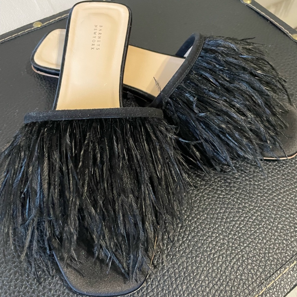 Barney’s New York Satin Feathered Slide Sandal